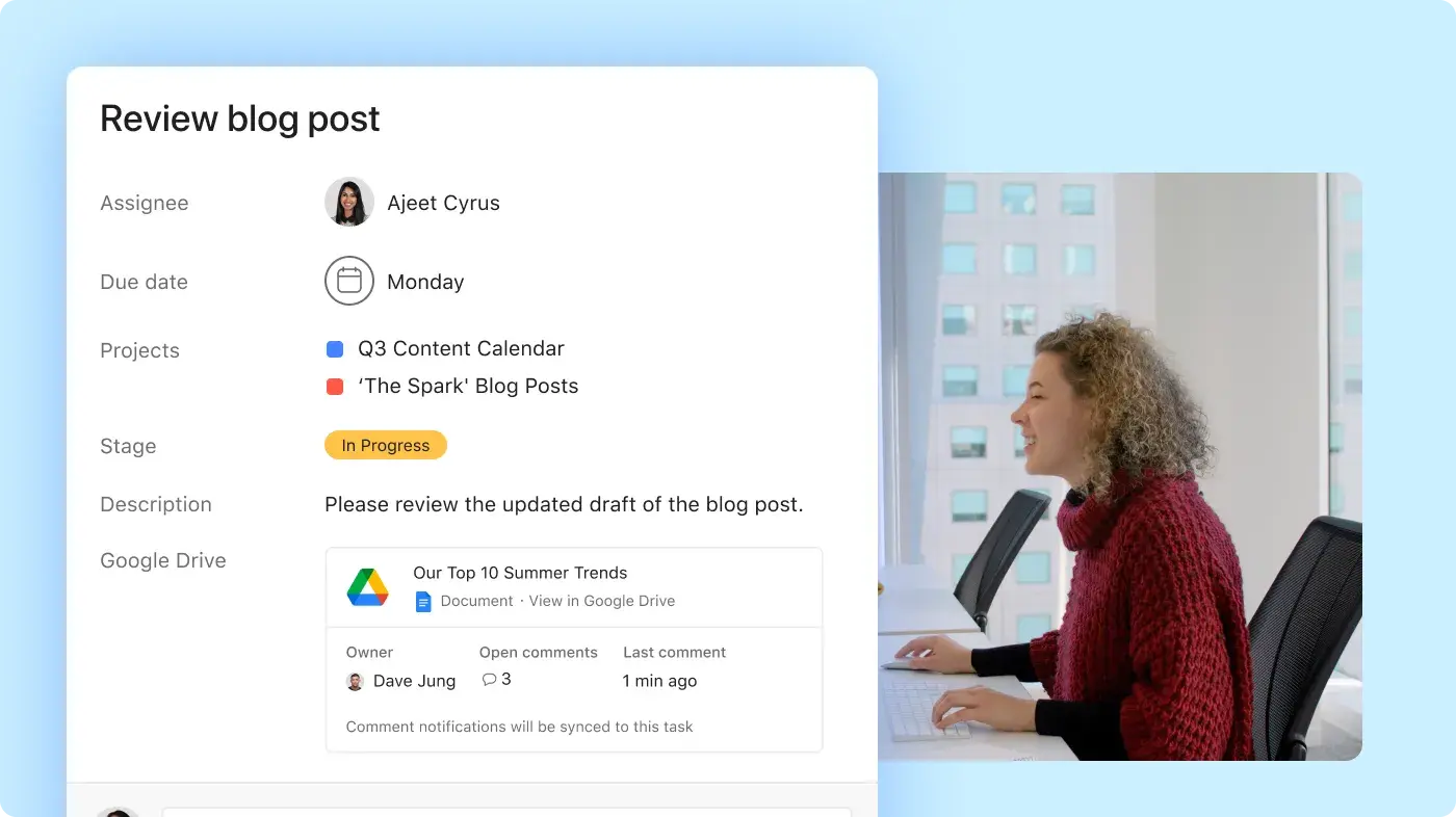 Employee working on content Asana abstracted product UI