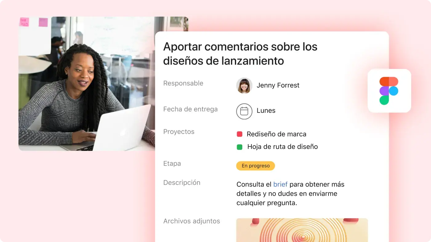 Interfaz de usuario de Asana de la tarea de revisión de trabajo creativo con la integración de Adobe Creative Cloud 