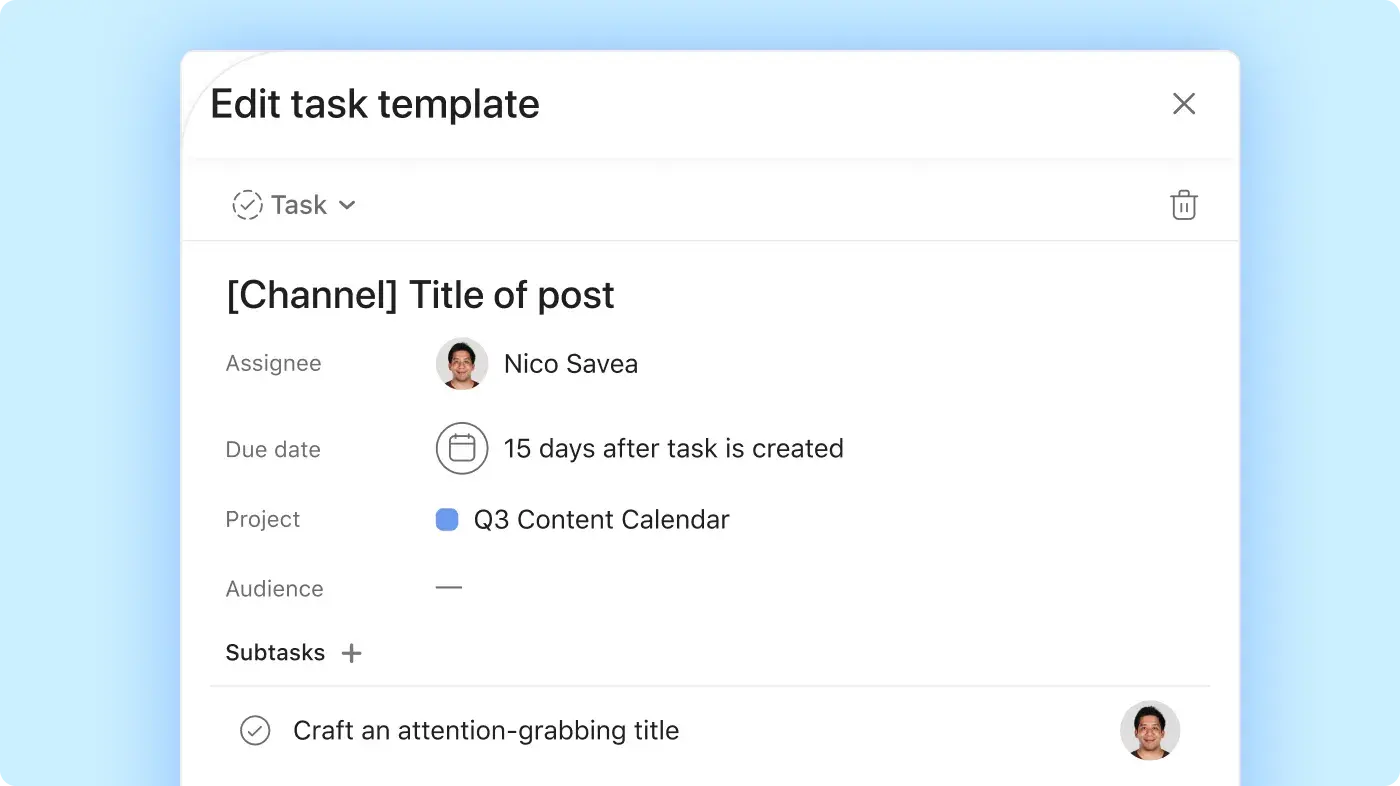 Edit task template Asana product UI