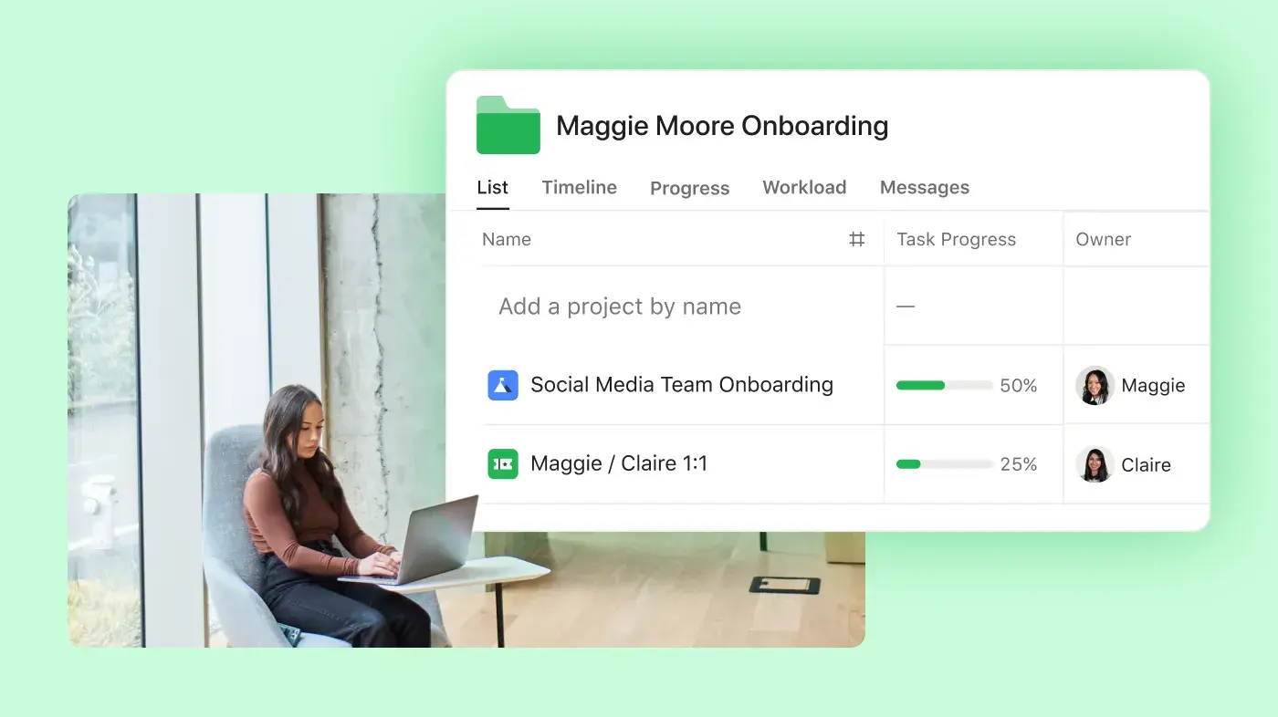Employee working on onboarding project in Asana Product UI 